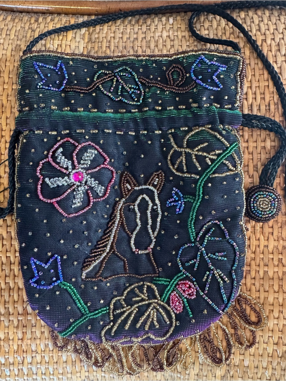 Vintage Hand Beaded Horse Drawstring Pouch Purse Boho Crossbody Fringe Epona - Picture 6 of 13